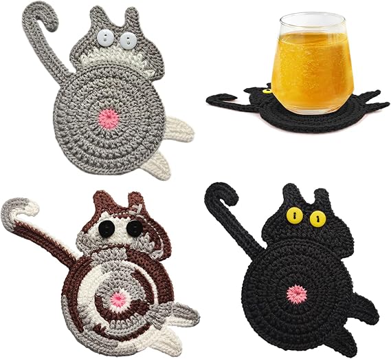 Coasters Set of 3, Fun Woven Creative Cat Coasters, Cute Coffee Coaster for Home Decor Tabletop Protection Suitable for Kinds Cups, Gifts for Women, Mom, Her, Friends, Birthday