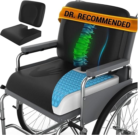Wheelchair Cushion for Pressure Relief - (2-Piece Set) 18x16 Anti-Slip Wheelchair Seat Cushions for Adults, Seniors with Lumbar Pillow and Removable Strap, Gel Cushion for Wheelchair