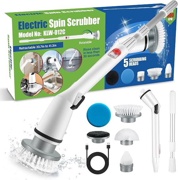 Auqatur Power Scrubber, Electric Spin Scrubber, Electric Scrubbing Brush with Adjustable Stretchable Arm and 5 Replacement Brush Heads, USB Charging for Cleaning Bathroom Bathtub Kitchen Tile Floor