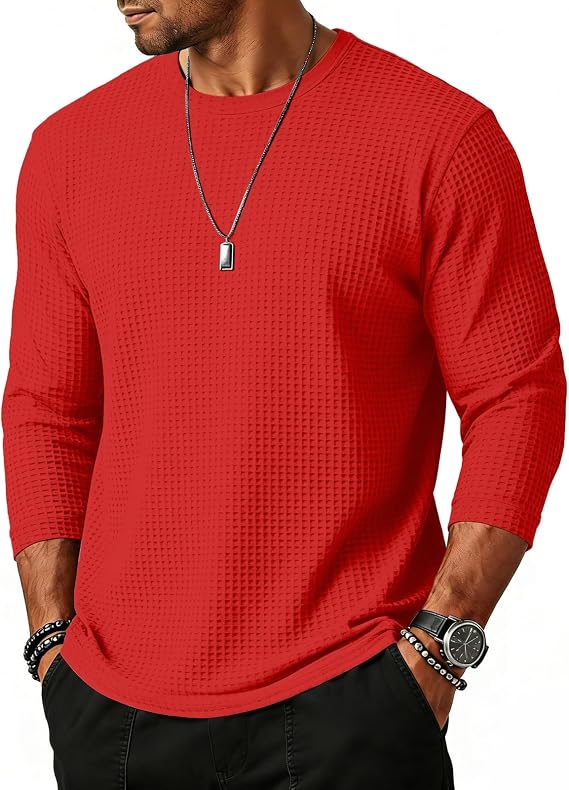 lcyhony Mens Waffle Shirt Lighntweight Comfy Crewneck 3/4 Sleeve Basic T-Shirt Big and Tall Outdoor Casual Workout Golf Shirt
