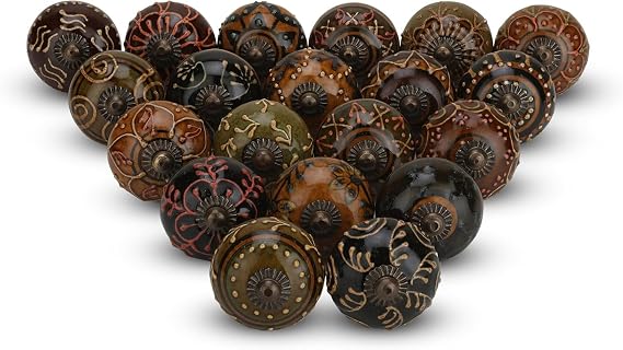 Dark Ceramic Cabinet Knobs (Pack of 30), Assorted Hand-Painted Dresser Drawer Pulls, Vintage Boho Handles for Wardrobes & Cupboards