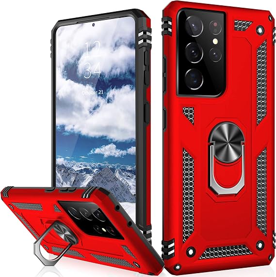 IKAZZ for Galaxy S21 Ultra Case,Military Grade Shockproof Heavy Duty Protective Phone Cover Pass 16ft Drop Test with Magnetic Kickstand Car Mount Holder Red