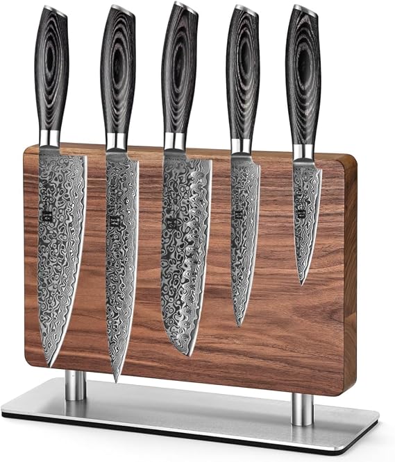 XINZUO 5PC Kitchen Knife Set, Damascus Chef Knife Set with Magnetic Knife Block,Natural Walnut Knife Holder Stand for Counter Top,with Strong Magnets