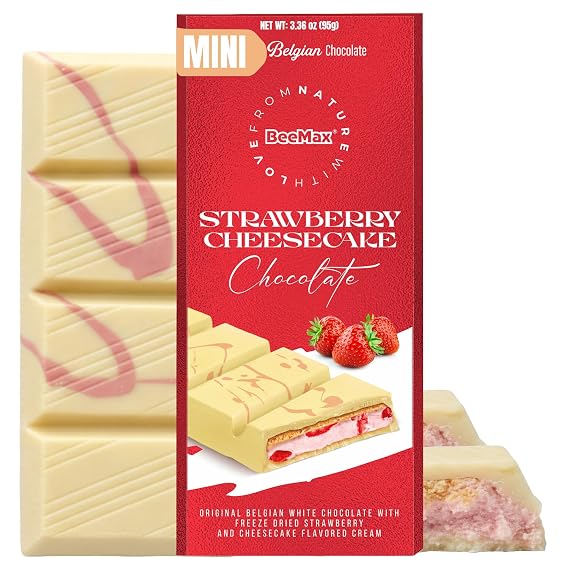 BeeMax Strawberry Cheesecake Mini White Chocolate Bar, Original Belgian White Chocolate with Freeze-Dried Strawberry & Cheesecake-Flavored Cream, 3.36 oz (95 g)