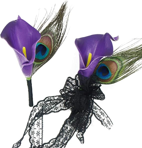 Boutonniere and Wrist Corsage Set Artificial Calla Lilies Flowers (Purple Peacock Black)