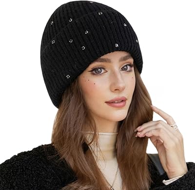 Caviotess Warm Wool Beanie Hats for Women Girls Sparkly Rhinestones Winter Hat Fluffy Knitted Skull Cap
