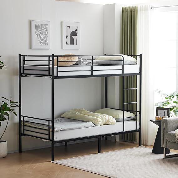 Black Iron Bunk Bed with Ladder, Kids Adults Twin Sleeper Bed Frame