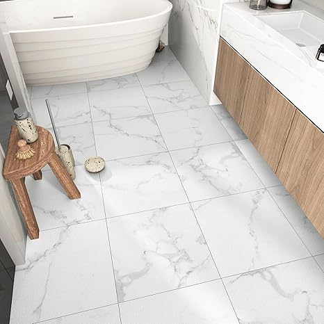WESTICK Peel and Stick Floor Tile White Marble Peel and Stick Bathroom Floor Tiles Self Adhesive Vinyl Tiles for Kitchen Bedroom Basement Stairs Fireplace Garage Vinyl Flooring 5 PCS 12" x 12"