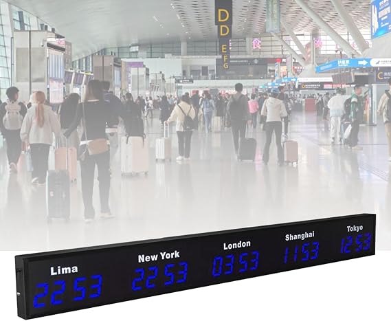 Large Digital World Clock - LED Multi Time Zone Wall Clock for Office or Home, Displays 3/4/5 City Time Zones, Perfect for Multinational Enterprises and Schools