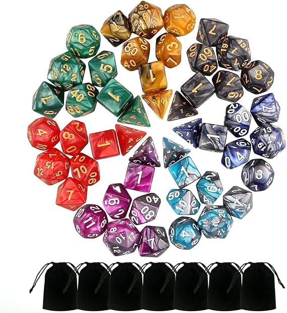 49 Pieces DND Dice Set, Polyester D&D Dice and Role Play for Dungeons & Dragons with 7 Pockets, 7 Sets of RPG DND MTG D4 / D6 / D8 / D10 (0-9 and 00-90) / D12 / D20 - A