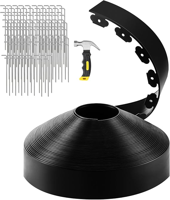 GROWNEER 150FT Landscape Edging Flexible 4 inch Tall Garden Border with 130pcs Galvanized Steel Anchoring Spikes and Hammer Lawn Edging Kit for Flower Bed, Pathway, Landscaping Project, Black