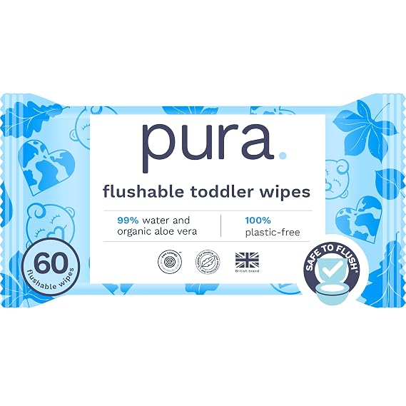 Pura Flushable* Toddler Wipes 60 Count with Aloe Vera Sensitive Skin
