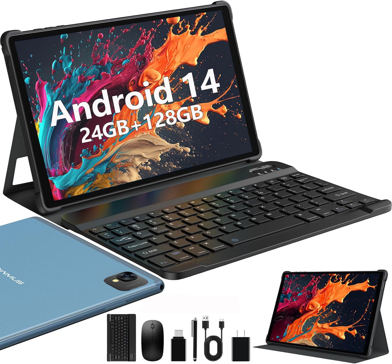 2025 Latest Android 14 Tablets,10 Inch Tablet with 24GB RAM 128GB ROM Expand 1TB,8000mAh Battery, FHD LCD Screen,Support 5G WiFiBT5.0GPS, 2 in 1 Android Tablet with Keyboard Blue