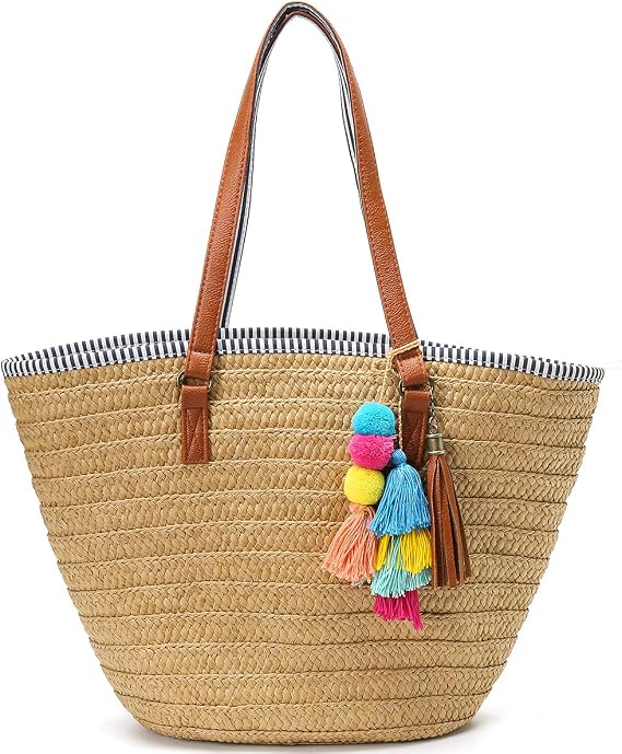 Molodo Straw Bag Round Summer Straw Large Woven Beach Bag Purse For Women Vocation Tote Handbags With Pom Poms