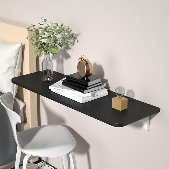 Wall Mounted Folding Desk with Brackets for Small Space | 47.2"x15.7", black, rounded corners, heavy-duty steel brackets, solid wood, space-saving for home office kitchen laundry