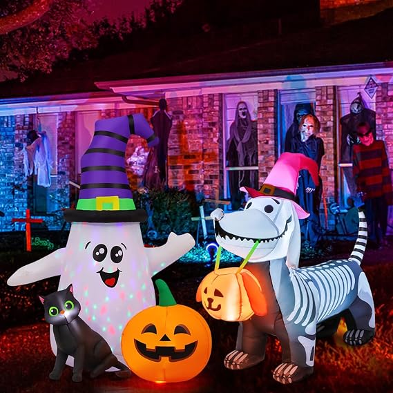 GOOSH 5.5 FT Halloween Inflatables Outdoor Decorations and GOOSH 5 FT Halloween Inflatables Ghost Outdoor Decorations Blow Up Yard Cute Wizard Ghost with Pumpkin Black Cat with Built-in LEDs