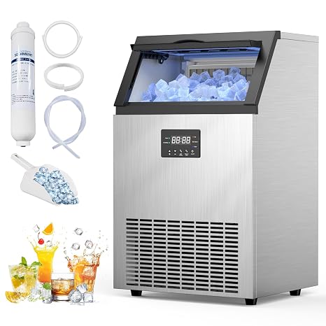 Ice Maker Commercial 200Lbs/24H, Commercial Ice Machine 50 LBS Storage Bin, 55 Ice Cubes in 8-12 Mins Under Counter Ice Maker Machine for Bar, Coffee Shop, Thicknesses Adjustable | ETL Certified, Self-Cleaning, Under Counter or Freestanding, Adjustable Thickness, Stainless Steel, Commercial &Home Use