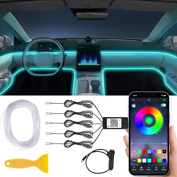 Car LED Interior Strip Lights, Multicolor RGB Ambient Lighting Kit 5 in 1 with 236 inches Fiber Optic, 16 Million Colors Lights with Sound Active Function & APP Control