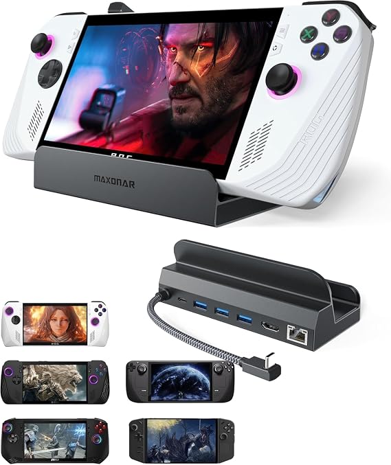 Maxonar 6-in-1 Docking Station for ROG Ally X/Steam Deck OLED/Legion Go/MSI Claw Support HDMI 2.1 4K@120Hz USB-A 3.0x3 Ports 1000Mbps Ethernet 100W USB-C Charging