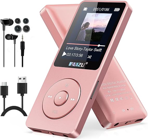 RUIZU 64GB MP3 Player Bluetooth 5.3, 1.8" Screen Portable Music Player, FM Radio, Recording, E-book, Shuffle Single Cycle, 80H Digital Audio Video Playback, Lightweight, Compact for Commuting/Running | 無秩序シングルサイクル、80 Hデジタルオーディオビデオ再生、軽量、小型 通勤/ランニング/ヨガ/言語学習などに適用 イヤホン付き ギフト プレゼント, 128GB MicroSDカード対応