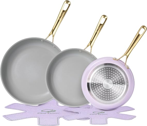 Chef Power Ceramic Frying Pan 8", 9" & 11", Nonstick 5Pcs Skillet, Purple
