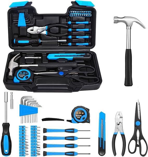 39 Pieces Basic Home Tool Set Household Tool Set General Repair Small Hand Tool Kit Tool Box Storage Case for Home Garage, Office, College Dorm, Blue
