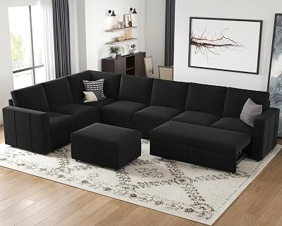 Belffin Modular Sectional Sofa with Sleeper Sofa Couch Pullout Bed, Oversized U Shaped Sleeper Sectional Couch with Reversible Storage Seat for Living Room, Black