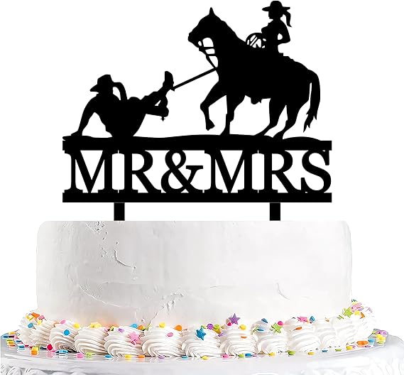 Funny Cowboy Wedding Cake Topper,Cowboy Bride Traps Groom to Get Married,Farmer Couple Cake Decor, Rustic Horse Wedding Cake Topper