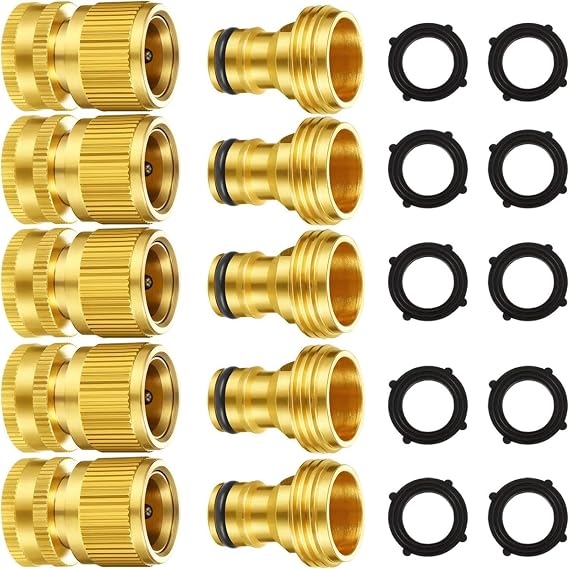 Honoson 5 Set Garden Hose Quick Connect Fittings Solid Brass Connector 3/4 Inch Ght Garden Water Hose Connectors with Extra Rubber Washers, Male and Female