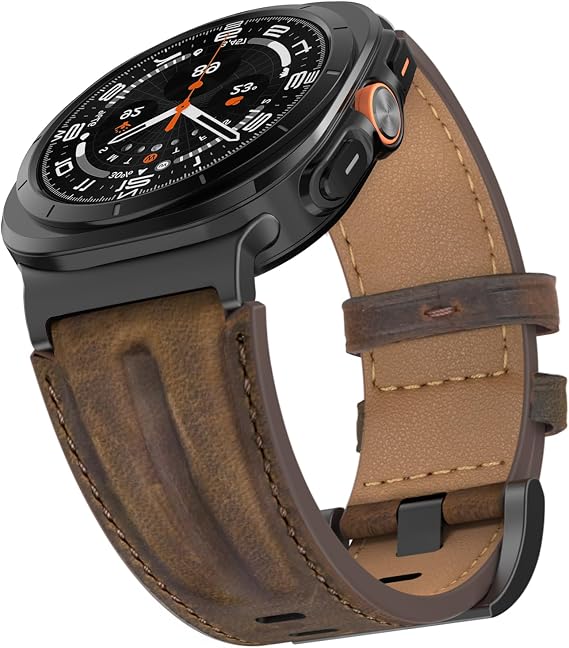 Top Grain Genuine Leather Strap Compatible with Samsung Galaxy Watch Ultra Straps 47mm Men Women, Wide Rugged Metal Connector Band for Galaxy Watch Ultra (2024/2025)