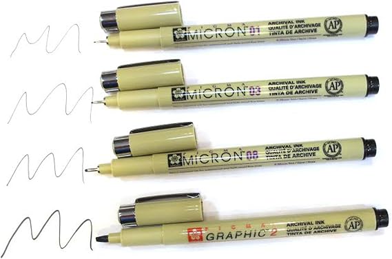 Pigma Micron Set of 4 Black Sakura Pens - 01, 03, 08 and Graphic #2