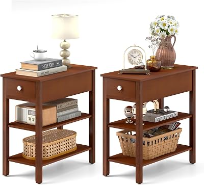 Giantex Narrow End Table Set of 2, Farmhouse Side Tables with Drawer & Storage Shelves, Wood Sofa Side Tables, 3-Tier Nightstands for Small Space, Living Room, Bedroom, 23.5L x 12W x 24.5H, Brown