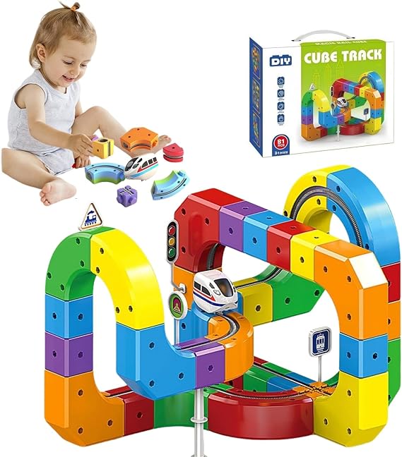 Electric Train Set, Track Fusion Toy, Magic Rail Cube Train Set DIY Cube Track with Gravity-Defying Motorized Train 3D Embedded Layouts Train Track Set (81PCS)