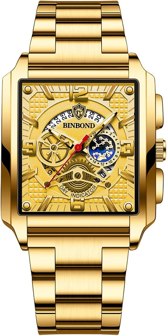 Analog Qaurtz Square Wrist Watch: Men's Gold Waterproof Luminous Hands Rectangular Date Wristwatch Stainless Steel Tank Chronograph Watches, Gold, Adult, Fashion
