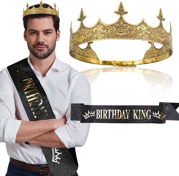 Birthday Decorations Set - King Crown, Sash, and Happy Birthday Accessories for Men