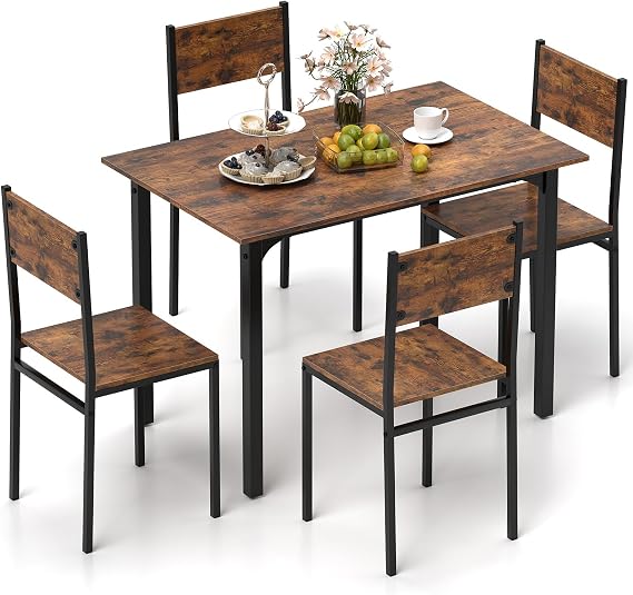 COSTWAY 5-Piece Dining Table Set for 4, High-Back Chairs, Rustic Brown