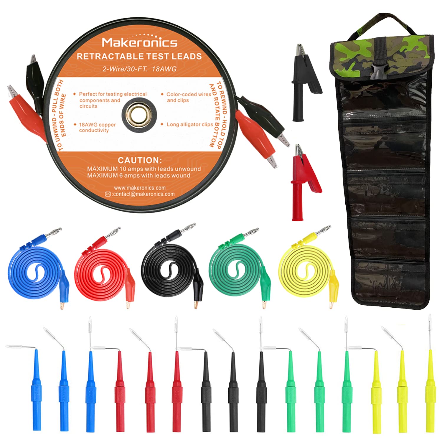 Makeronics 2 Wires 30FT 18AWG Retractable Test Leads with Roll-up Storage Pouch | 15 Pcs 30V Back Probes | 5 Pcs 4mm Banana Plug to Alligator Clip Circuit Test Wires 39.37 | 2 PCS Alligator Clips