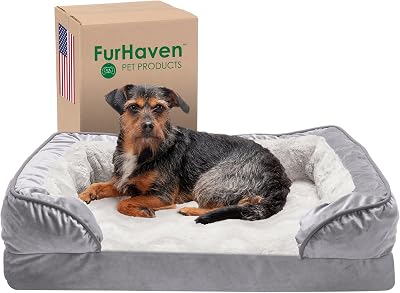 Furhaven Memory Foam Dog Bed for MediumSmall Dogs w Removable Bolsters & Washable Cover, For Dogs Up to 35 lbs - Plush & Velvet Waves Perfect Comfort Sofa - Granite Gray, Medium