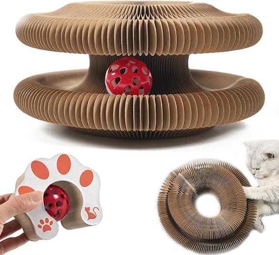 DFQ Foldable Accordion Cat Scratcher Toy with Bell Ball, Recyclable Corrugated Cardboard Interactive Play Toy for Indoor Cats,1 Pack (Brown)