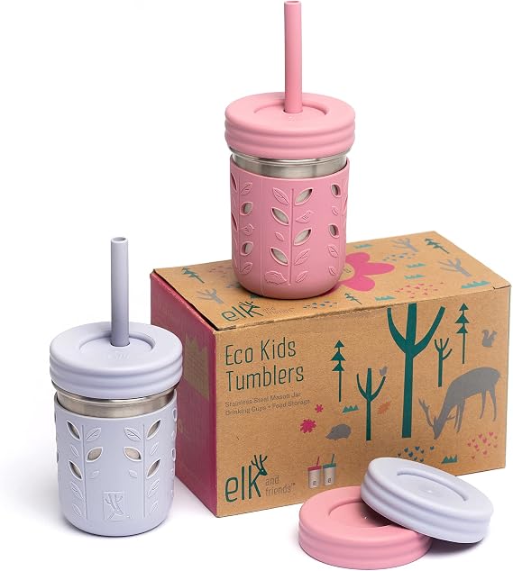 Elk and Friends Kids 10oz Stainless Steel Mason Jars + Sleeves + Lids | 2pk