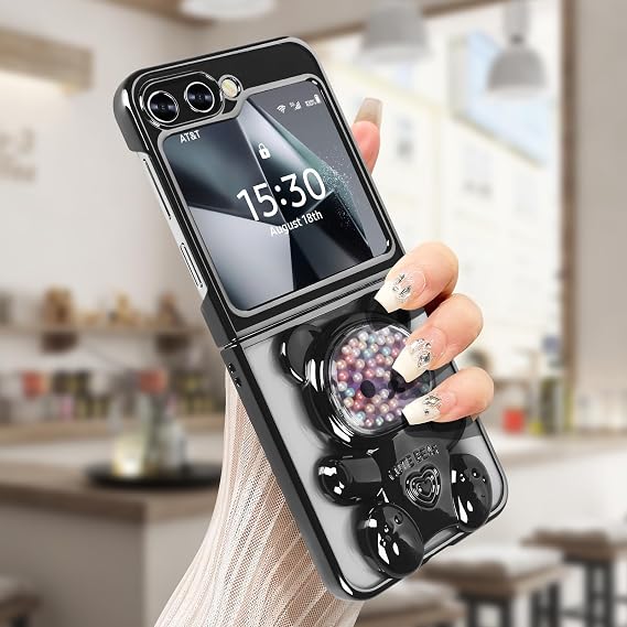 Omio Designed for Galaxy Z Flip 6 Case with Bear Hidden Stand, Luxury Clear Plating Case for Women Girls Cute Flowing Bead Quicksand Kickstand Phone Case Shockproof Slim PC Cover, Black