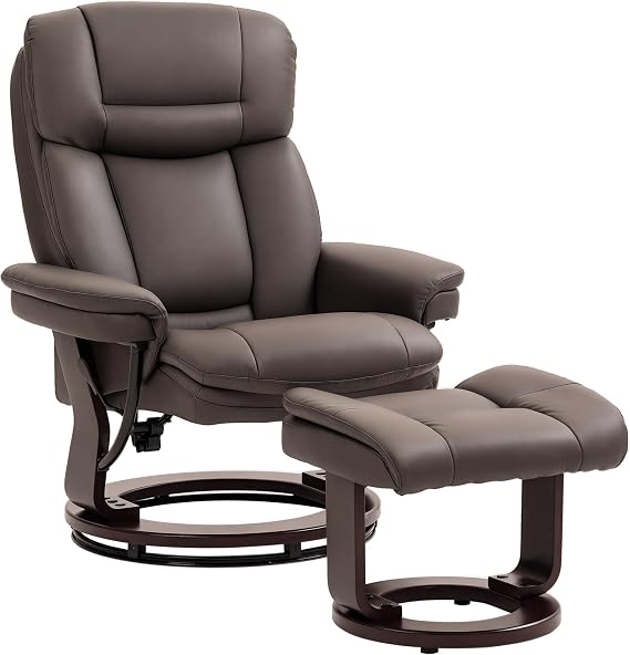 HOMCOM Swivel Recliner Chair with Ottoman, PU Leather Recliner with Adjustable Backrest, Footrest, Wood Base, Upholstered Reclining Chair for Living Room, Bedroom, Office, Dark Brown
