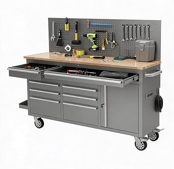 IDEALHOUSE 61 Inch Rolling Tool Cabinet, 10 Drawer Workbench Chest, Silver