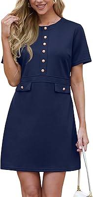 GRECERELLE Womens Summer Short Sleeve Button Crew Neck Elegant Business Work Bodycon Mini Short Dresses