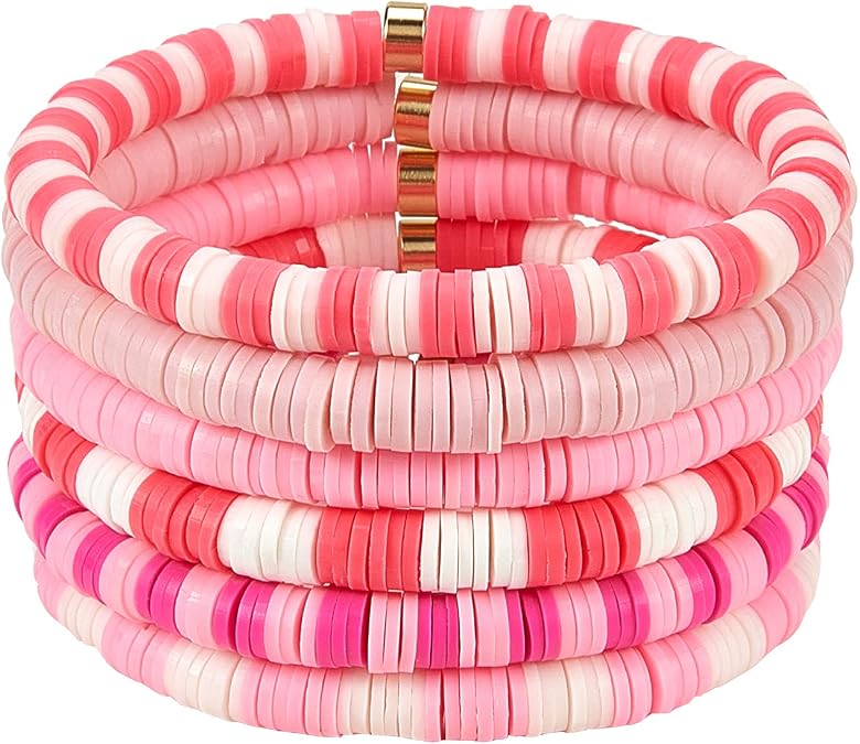 Ornaland 6 PCS Heishi Surfer Bracelets Set 6mm Polymer Clay Vinyl Disc Beads Stretch Bracelets Bohemia Summer Beach Jewelry for Women (Pink)