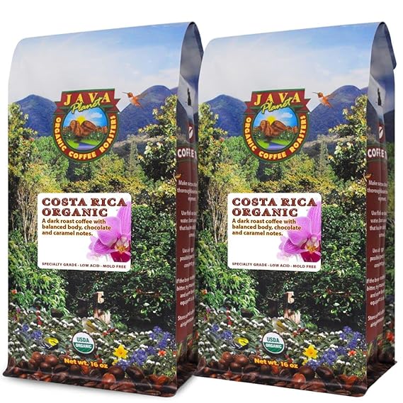 Low Acid Organic Coffee Whole Bean, Mold-Free & Stomach Friendly by Java Planet, Costa Rican Single Origin Coffee, Dark Roast, Smooth Full Flavored, 2x1LB Bag
