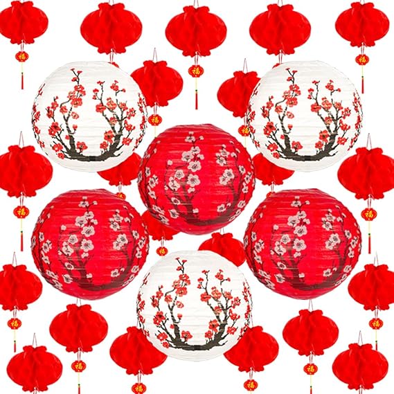Paper Lanterns, Paper Lanterns, Cherry Blossom Pattern, Paper Lanterns, Chinese Lanterns, White, Red, Set of 26, Festivals, Summer Festivals, Tanabata Decorations, Bon Festivals, Pubs, Parties,