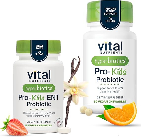 Hyperbiotics Vital Nutrients Childrens Health Bundle ENT Formula with BLIS (45 Sugar-Free Strawberry-Vanilla Chewables) & Daily Digestive Support (60 Sugar-Free Orange Tablets) for Gut & Immune Wel