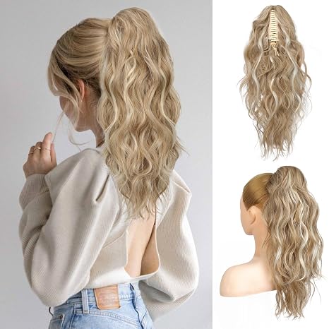 FLUFYMOOZ Ponytail Extension 46 cm Claw Clip Ponytail Extension Wavy Curly Claw Clip in Ponytail Hair Extensions (Honey Blonde with Highlights)