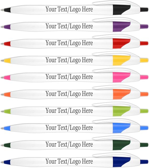 SyPen Personalized Pens With your Custom Logo or Text-500 Pack Bulk-for Businesses, Parties, and Events, Custom Printed Slim Ballpoint Click Pens, Assorted Trim Colors, Black Ink